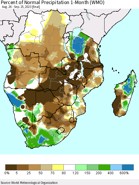 Southern Africa Percent of Normal Precipitation 1-Month (WMO) Thematic Map For 8/26/2023 - 9/25/2023