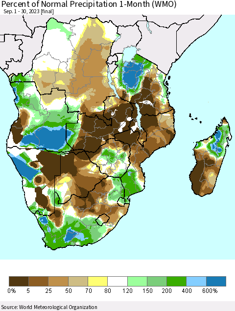 Southern Africa Percent of Normal Precipitation 1-Month (WMO) Thematic Map For 9/1/2023 - 9/30/2023