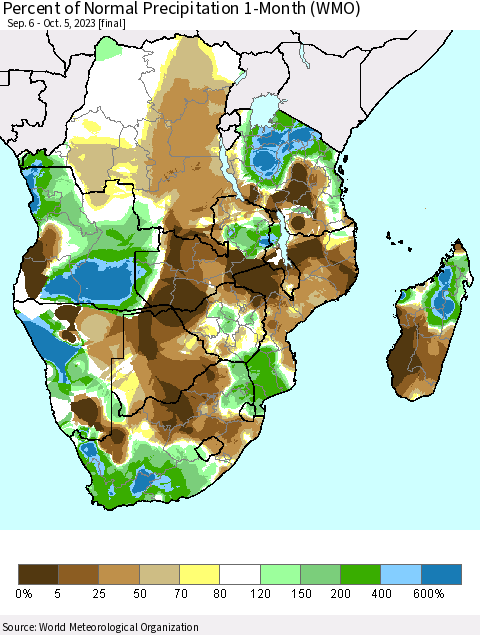 Southern Africa Percent of Normal Precipitation 1-Month (WMO) Thematic Map For 9/6/2023 - 10/5/2023
