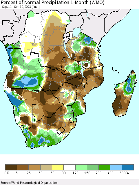Southern Africa Percent of Normal Precipitation 1-Month (WMO) Thematic Map For 9/11/2023 - 10/10/2023