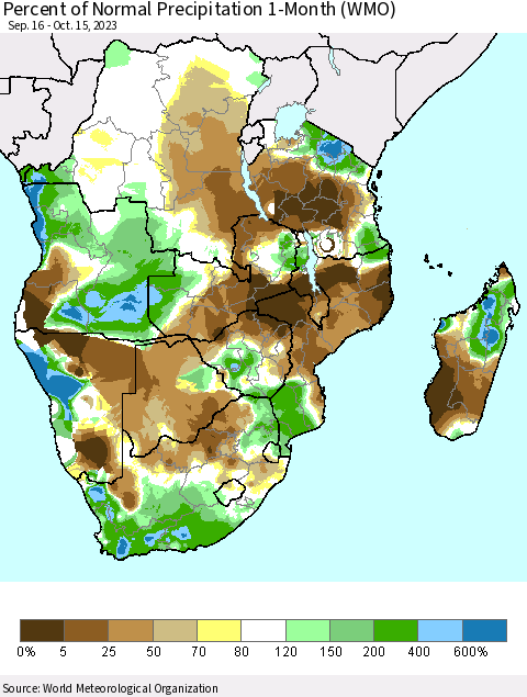 Southern Africa Percent of Normal Precipitation 1-Month (WMO) Thematic Map For 9/16/2023 - 10/15/2023