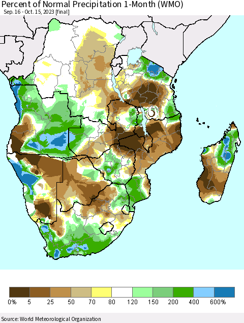 Southern Africa Percent of Normal Precipitation 1-Month (WMO) Thematic Map For 9/16/2023 - 10/15/2023