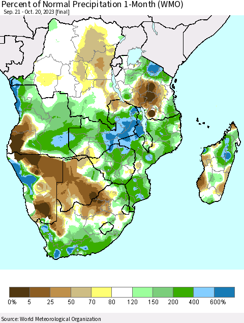 Southern Africa Percent of Normal Precipitation 1-Month (WMO) Thematic Map For 9/21/2023 - 10/20/2023