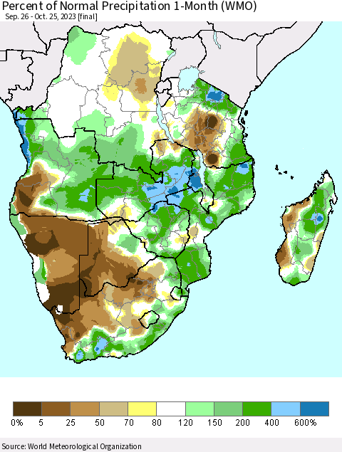 Southern Africa Percent of Normal Precipitation 1-Month (WMO) Thematic Map For 9/26/2023 - 10/25/2023