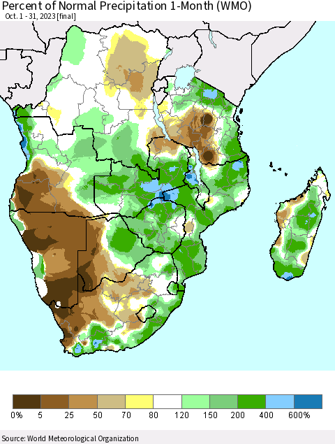 Southern Africa Percent of Normal Precipitation 1-Month (WMO) Thematic Map For 10/1/2023 - 10/31/2023