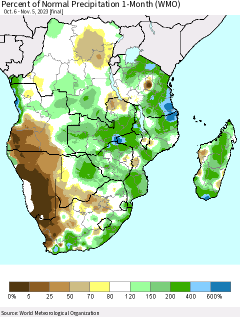Southern Africa Percent of Normal Precipitation 1-Month (WMO) Thematic Map For 10/6/2023 - 11/5/2023