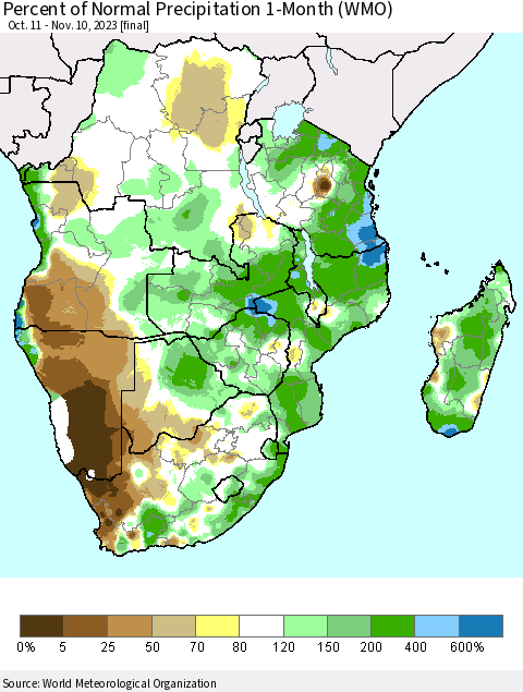 Southern Africa Percent of Normal Precipitation 1-Month (WMO) Thematic Map For 10/11/2023 - 11/10/2023