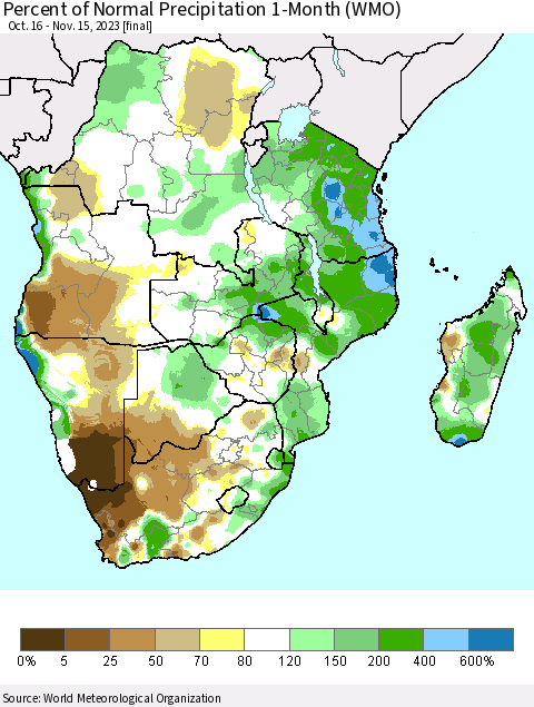 Southern Africa Percent of Normal Precipitation 1-Month (WMO) Thematic Map For 10/16/2023 - 11/15/2023