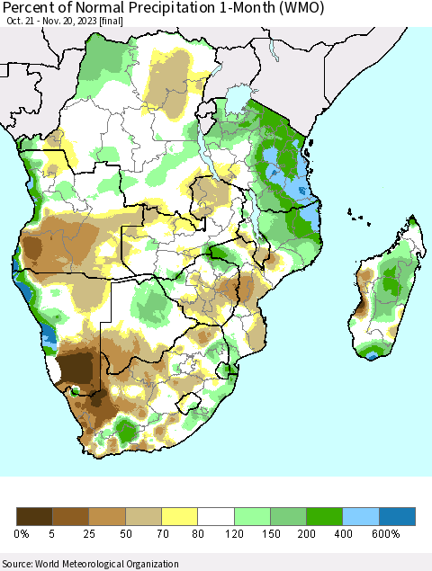 Southern Africa Percent of Normal Precipitation 1-Month (WMO) Thematic Map For 10/21/2023 - 11/20/2023