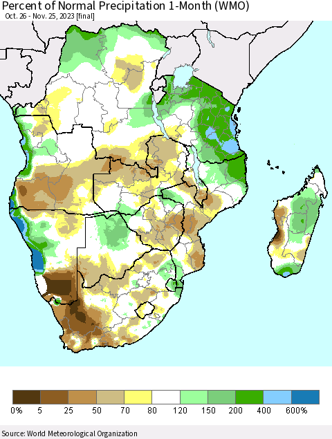 Southern Africa Percent of Normal Precipitation 1-Month (WMO) Thematic Map For 10/26/2023 - 11/25/2023