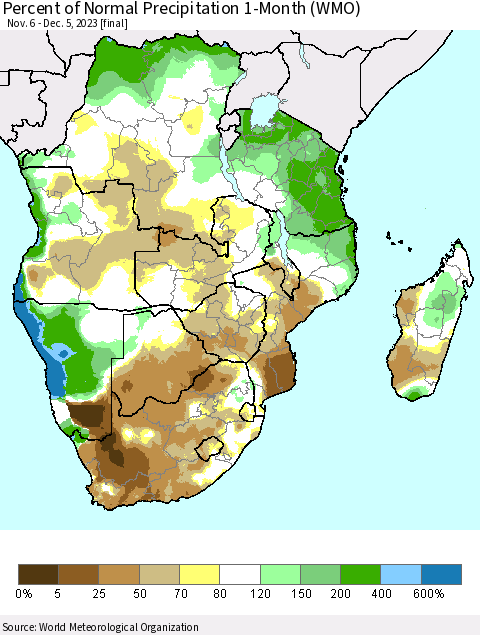 Southern Africa Percent of Normal Precipitation 1-Month (WMO) Thematic Map For 11/6/2023 - 12/5/2023