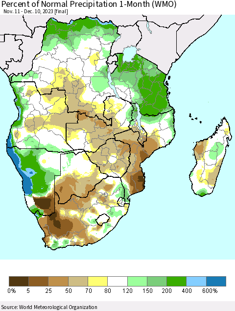 Southern Africa Percent of Normal Precipitation 1-Month (WMO) Thematic Map For 11/11/2023 - 12/10/2023