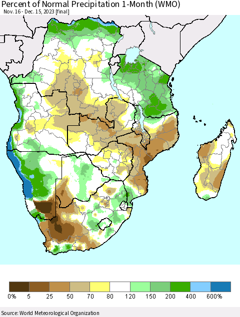 Southern Africa Percent of Normal Precipitation 1-Month (WMO) Thematic Map For 11/16/2023 - 12/15/2023