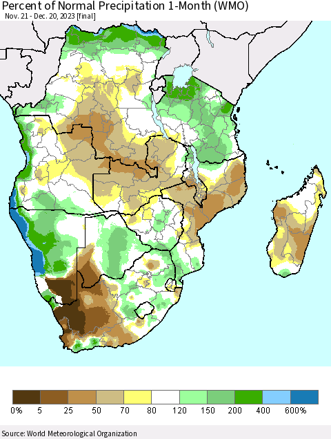 Southern Africa Percent of Normal Precipitation 1-Month (WMO) Thematic Map For 11/21/2023 - 12/20/2023