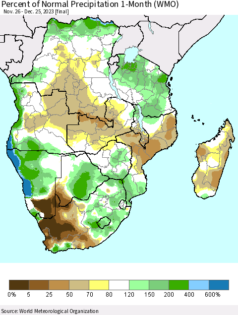 Southern Africa Percent of Normal Precipitation 1-Month (WMO) Thematic Map For 11/26/2023 - 12/25/2023