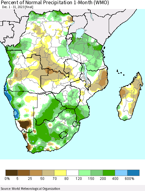 Southern Africa Percent of Normal Precipitation 1-Month (WMO) Thematic Map For 12/1/2023 - 12/31/2023