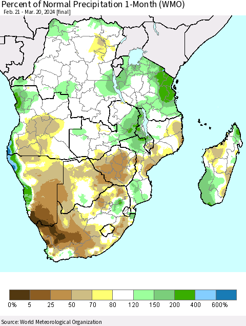Southern Africa Percent of Normal Precipitation 1-Month (WMO) Thematic Map For 2/21/2024 - 3/20/2024
