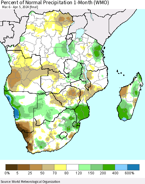 Southern Africa Percent of Normal Precipitation 1-Month (WMO) Thematic Map For 3/6/2024 - 4/5/2024