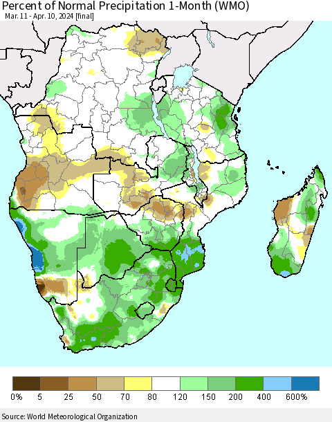 Southern Africa Percent of Normal Precipitation 1-Month (WMO) Thematic Map For 3/11/2024 - 4/10/2024