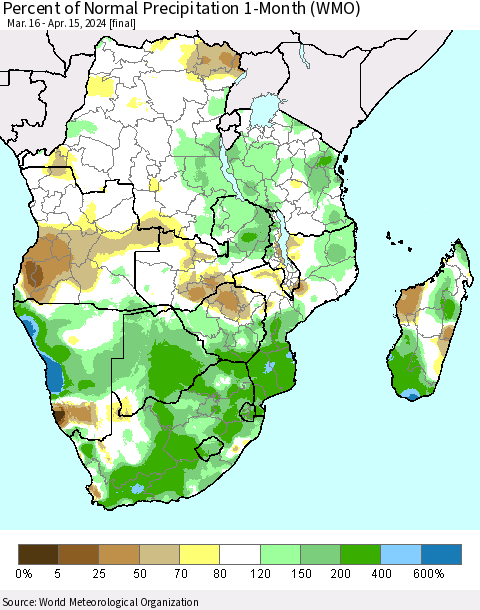 Southern Africa Percent of Normal Precipitation 1-Month (WMO) Thematic Map For 3/16/2024 - 4/15/2024