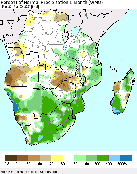 Southern Africa Percent of Normal Precipitation 1-Month (WMO) Thematic Map For 3/21/2024 - 4/20/2024