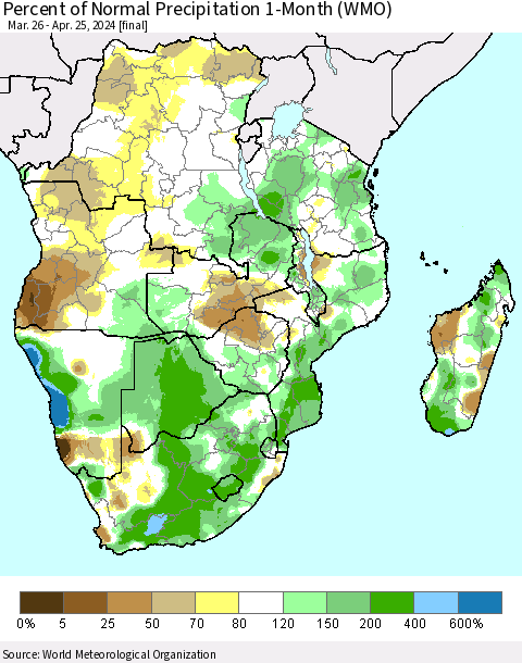 Southern Africa Percent of Normal Precipitation 1-Month (WMO) Thematic Map For 3/26/2024 - 4/25/2024