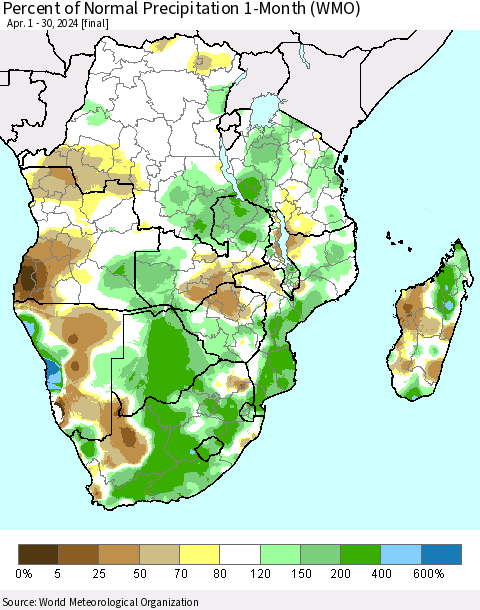 Southern Africa Percent of Normal Precipitation 1-Month (WMO) Thematic Map For 4/1/2024 - 4/30/2024