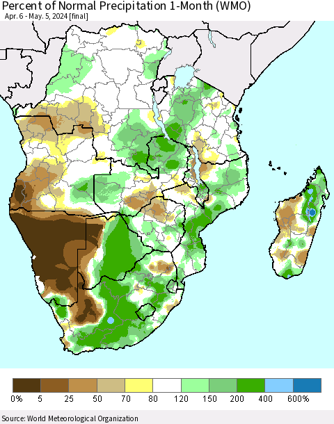 Southern Africa Percent of Normal Precipitation 1-Month (WMO) Thematic Map For 4/6/2024 - 5/5/2024
