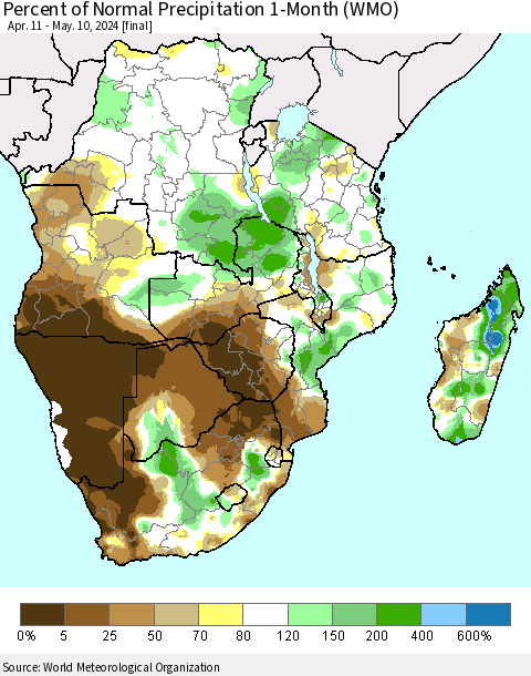 Southern Africa Percent of Normal Precipitation 1-Month (WMO) Thematic Map For 4/11/2024 - 5/10/2024