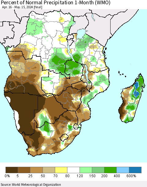 Southern Africa Percent of Normal Precipitation 1-Month (WMO) Thematic Map For 4/16/2024 - 5/15/2024