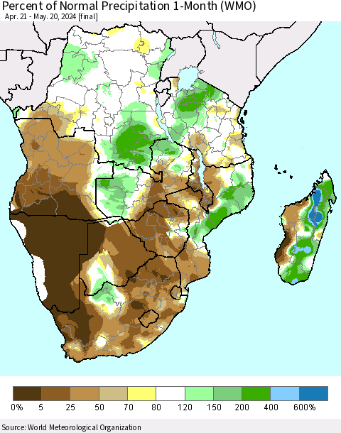 Southern Africa Percent of Normal Precipitation 1-Month (WMO) Thematic Map For 4/21/2024 - 5/20/2024