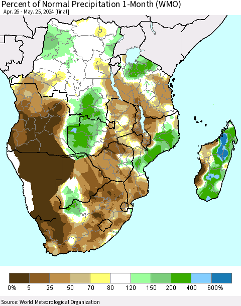 Southern Africa Percent of Normal Precipitation 1-Month (WMO) Thematic Map For 4/26/2024 - 5/25/2024
