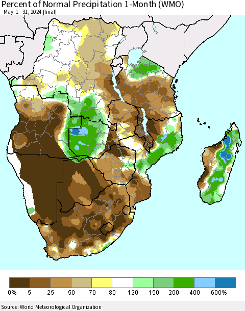 Southern Africa Percent of Normal Precipitation 1-Month (WMO) Thematic Map For 5/1/2024 - 5/31/2024