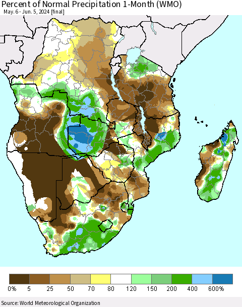 Southern Africa Percent of Normal Precipitation 1-Month (WMO) Thematic Map For 5/6/2024 - 6/5/2024