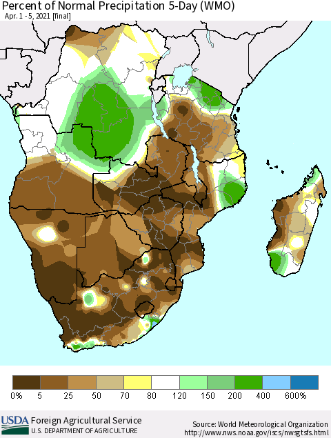 Southern Africa Percent of Normal Precipitation 5-Day (WMO) Thematic Map For 4/1/2021 - 4/5/2021
