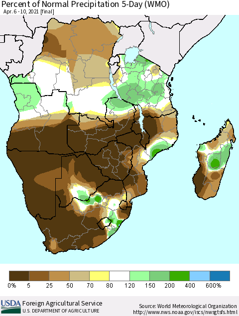 Southern Africa Percent of Normal Precipitation 5-Day (WMO) Thematic Map For 4/6/2021 - 4/10/2021