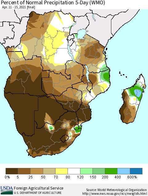 Southern Africa Percent of Normal Precipitation 5-Day (WMO) Thematic Map For 4/11/2021 - 4/15/2021