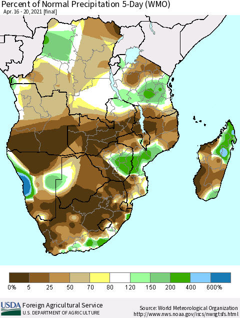 Southern Africa Percent of Normal Precipitation 5-Day (WMO) Thematic Map For 4/16/2021 - 4/20/2021