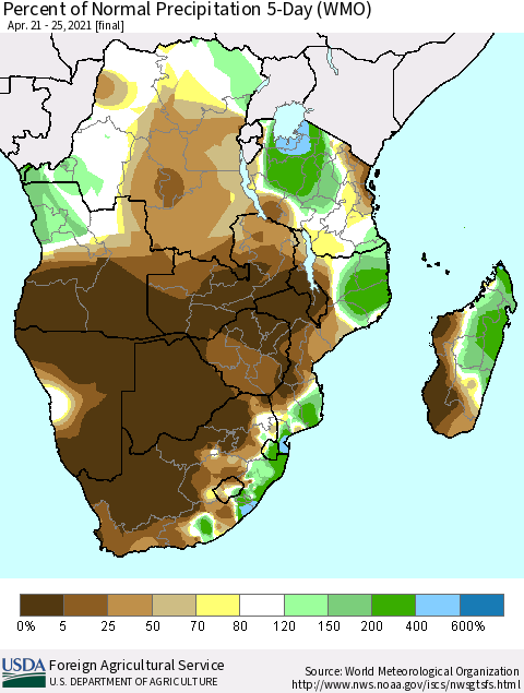 Southern Africa Percent of Normal Precipitation 5-Day (WMO) Thematic Map For 4/21/2021 - 4/25/2021