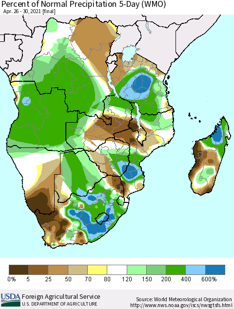 Southern Africa Percent of Normal Precipitation 5-Day (WMO) Thematic Map For 4/26/2021 - 4/30/2021