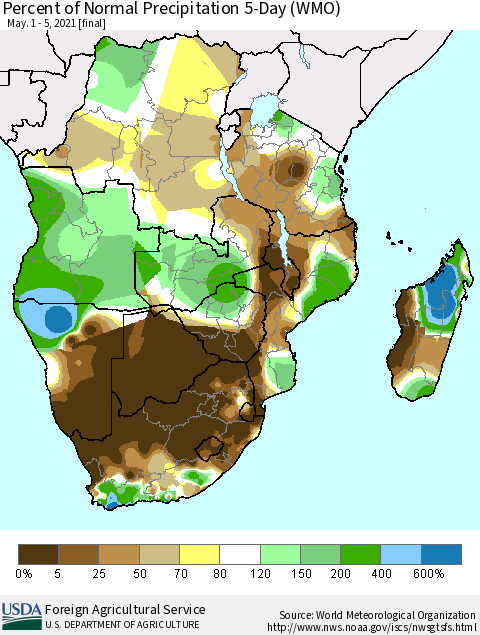 Southern Africa Percent of Normal Precipitation 5-Day (WMO) Thematic Map For 5/1/2021 - 5/5/2021