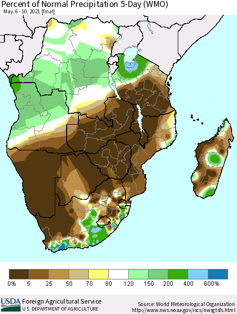 Southern Africa Percent of Normal Precipitation 5-Day (WMO) Thematic Map For 5/6/2021 - 5/10/2021
