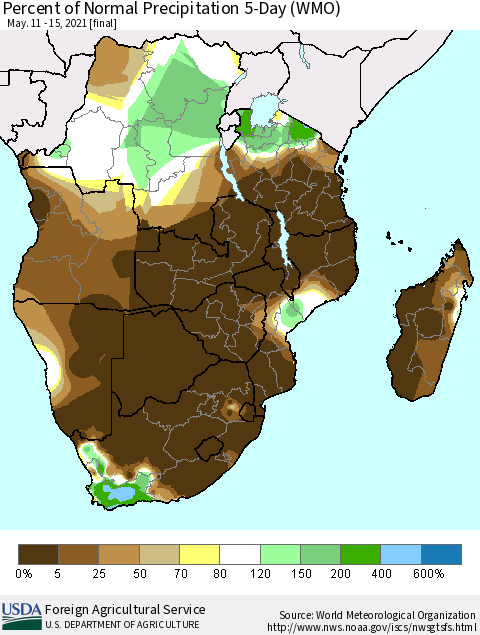 Southern Africa Percent of Normal Precipitation 5-Day (WMO) Thematic Map For 5/11/2021 - 5/15/2021