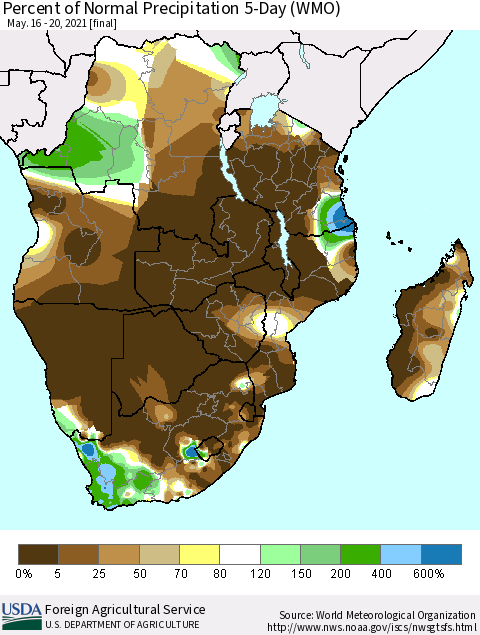 Southern Africa Percent of Normal Precipitation 5-Day (WMO) Thematic Map For 5/16/2021 - 5/20/2021