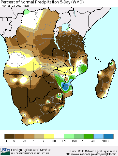 Southern Africa Percent of Normal Precipitation 5-Day (WMO) Thematic Map For 5/21/2021 - 5/25/2021