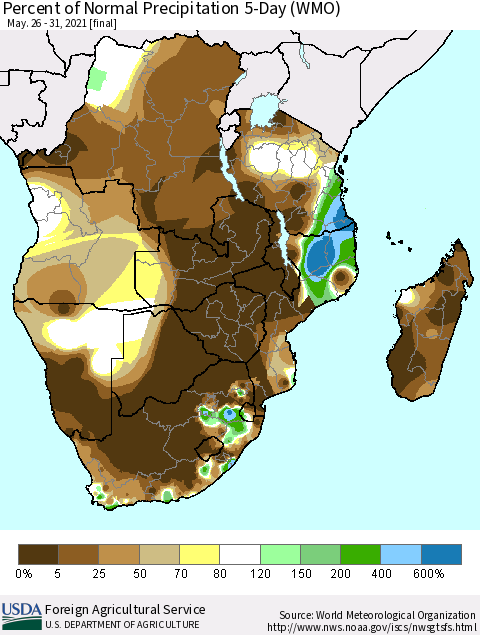 Southern Africa Percent of Normal Precipitation 5-Day (WMO) Thematic Map For 5/26/2021 - 5/31/2021