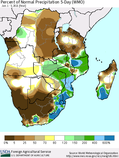 Southern Africa Percent of Normal Precipitation 5-Day (WMO) Thematic Map For 6/1/2021 - 6/5/2021