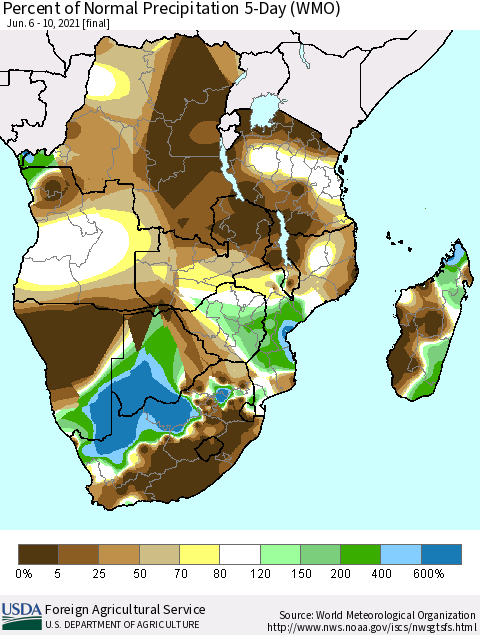 Southern Africa Percent of Normal Precipitation 5-Day (WMO) Thematic Map For 6/6/2021 - 6/10/2021