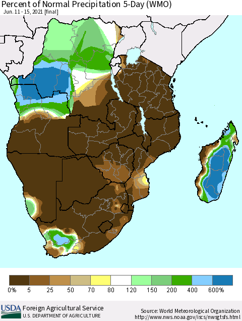 Southern Africa Percent of Normal Precipitation 5-Day (WMO) Thematic Map For 6/11/2021 - 6/15/2021