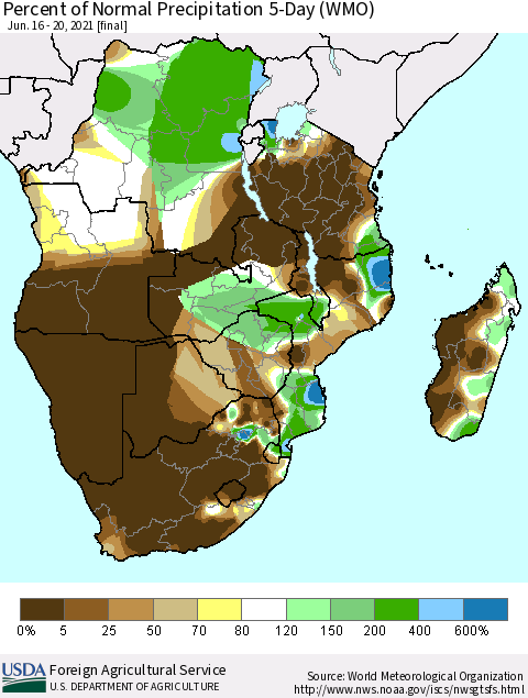 Southern Africa Percent of Normal Precipitation 5-Day (WMO) Thematic Map For 6/16/2021 - 6/20/2021